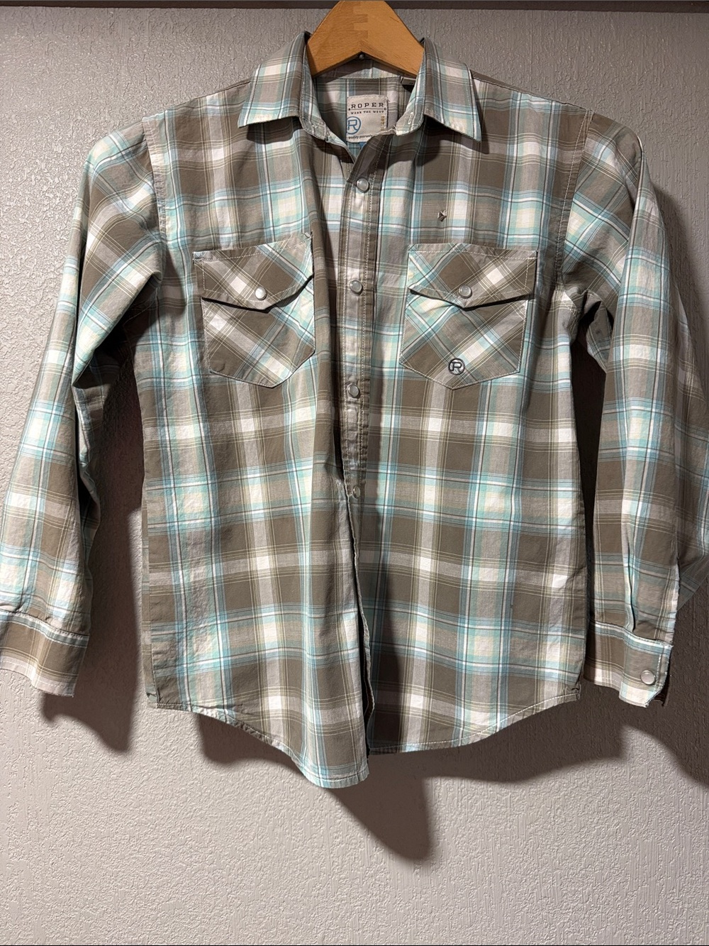 Roper Taupe & Aqua Plaid Button-Down Shirt (youth)